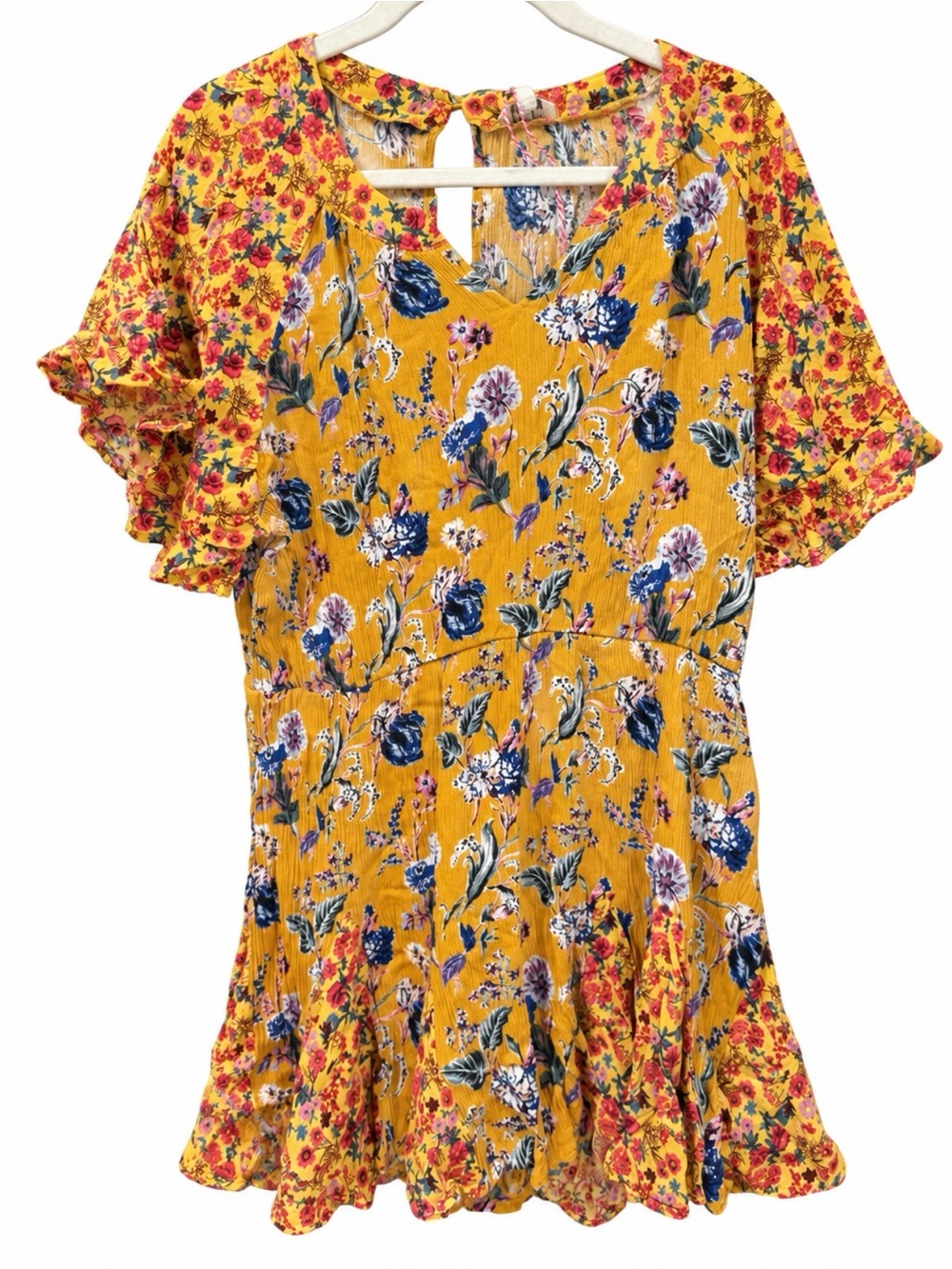 Umgee Mustard Floral Short Romper with Ruffle Sleeves